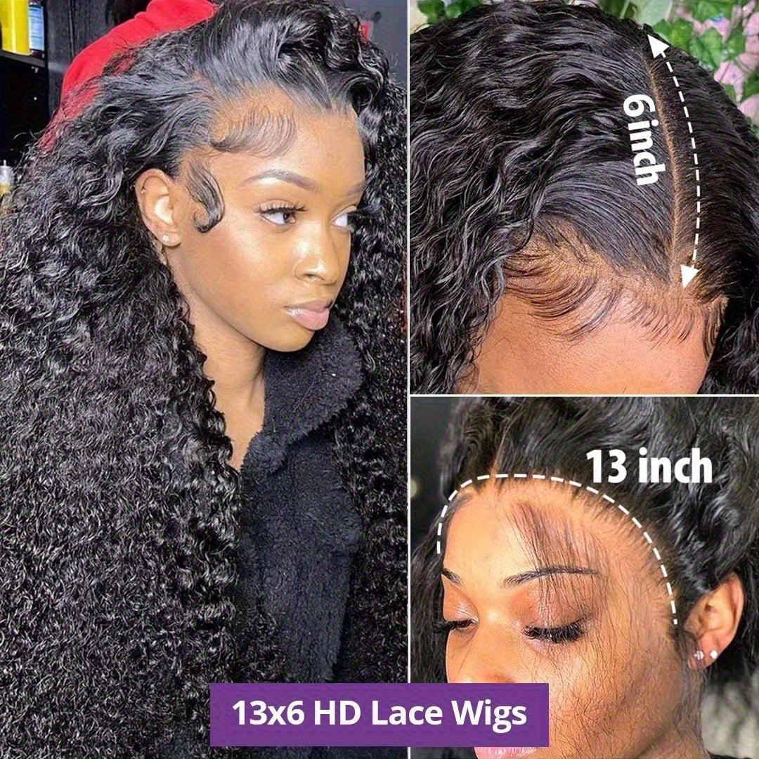 13x6 HD Clear Lace Curly Wavy Wig 100% Un-acid Washed Human Hair 200% Density Pre-plucked Baby Hair & Bleached Knots Glue-Free Wig 3-Second Application for All Light Beige Tones Natural Look Party & Daily Wear, Hair Wig